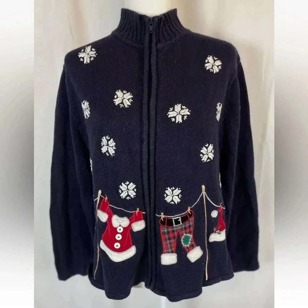 Crystal Kobe Blue Christmas Zip cardigan Sweater Santa's‎ clothes snowflakes M